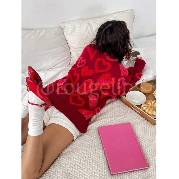 Red Pink Hearts Terry Cloth Texture Pullover Sweater Stretchy Long Sleeve - Picture 4 of 6